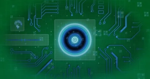 Digital interface with round scanner and microprocessor connections against blue Stockbeeldmateriaal 325484650