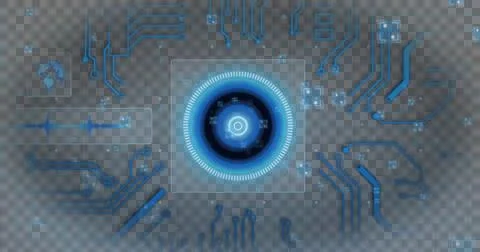 Digital interface with round scanner and microprocessor connections against blue Stockillustratie
