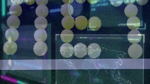 Digital interface running scanning yellow spheres moving across world map and Stock Footage 307457321