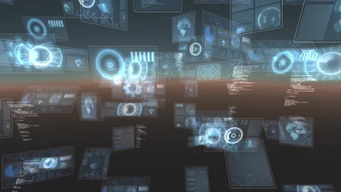 Digital interface screens and data processing animation over dark background 動画素材 304483232