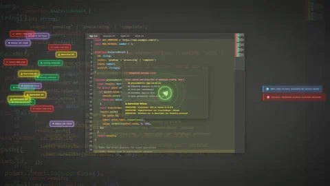 Digital Interface with Scrolling Source Code and Floating Data Analysis Windows Видео 340217664