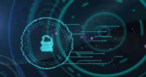 Digital interface with security padlock and data processing against blue Stock Footage 330255302