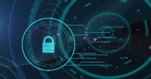 Digital interface with security padlock and data processing against blue 스톡 사진