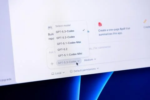 A digital interface selecting a Codex model for programming assistance in a Stock Photos