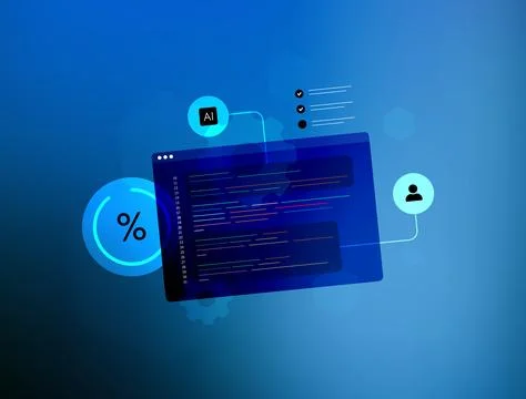 Digital interface showcasing AI technology and user interaction in blue tones 库存插图