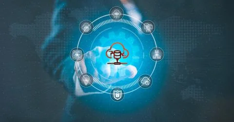 A digital interface showcasing a cloud database system with interconnected .. Foto stock