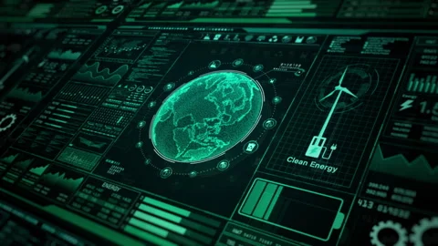 Digital interface showcasing data analytics and a wind turbine, Global Stock Footage 264219436