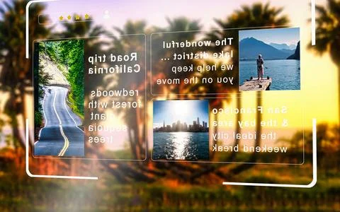 Digital interface showcasing travel destinations and cityscapes with palm t.. Stock Photos