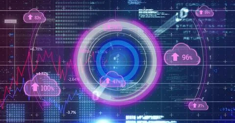 Digital interface showing cloud computing data with various upload percentages Foto stock