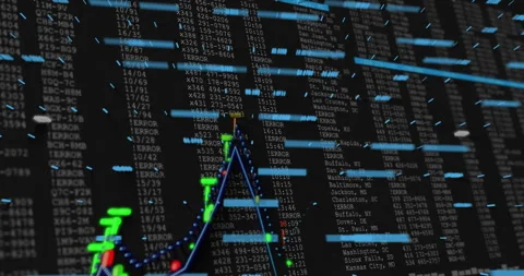 Digital interface showing code columns with flashing errors and moving bars and Stock Footage 307462496