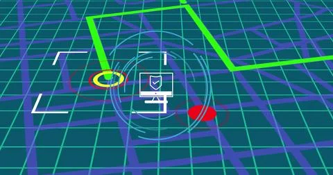 Digital interface showing computer icon with security symbols on a grid map Stock Photos