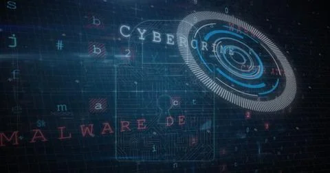 Digital interface showing cybersecurity elements, including lock and malware Stock Photos