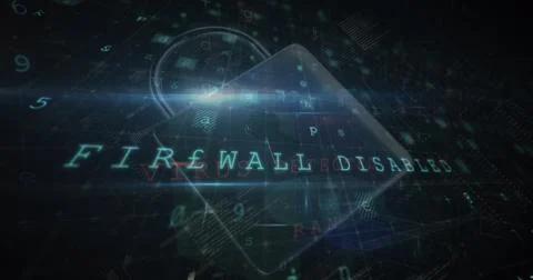 Digital interface showing FIREWALL DISABLED in futuristic text Stock Photos