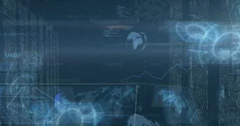 Digital interface showing globe wireframe, line graph and data panels over blue Stock Photos