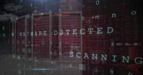 Digital interface showing Malware Detected and Scanning text overlaying server Stockfoto's