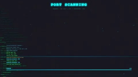 Digital Interface Showing Port Scanning Process with Scrolling Code on Dark Stock Footage 336772172
