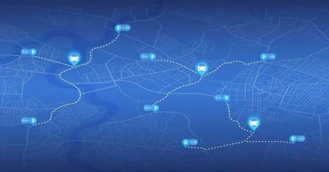 Digital interface showing route to charging stations with battery symbols. Ilustração Stock