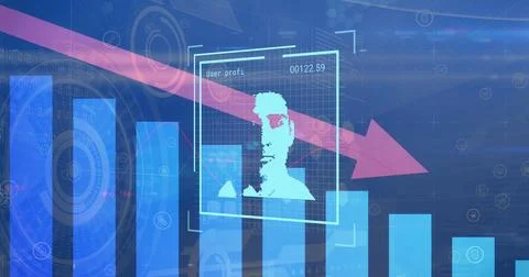 Digital interface showing user profile with a declining graph and bar charts Stock Photos
