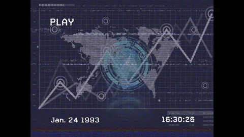 Digital interface showing world map and data graphs on screen in animation Video stock 304843361