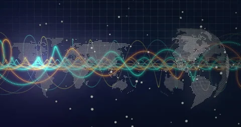 Digital interface showing world map dots with flowing waveform lines and Stock Footage 307462470