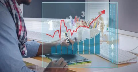 Digital interface with statistical data processing against mid section of man Stock Photos