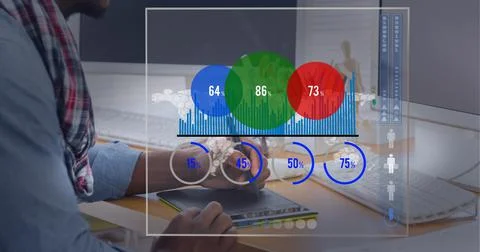 Digital interface with statistical data processing against mid section of man Stock Photos