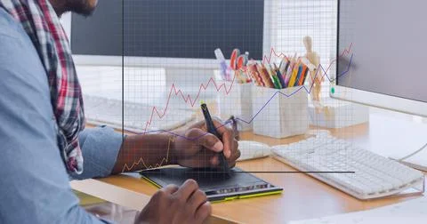 Digital interface with statistical data processing against mid section of man Foto stock