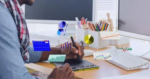 Digital interface with statistical data processing against mid section of man Stock Photos