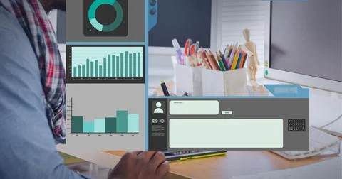 Digital interface with statistical data processing against mid section of man Stock Photos