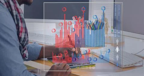 Digital interface with statistical data processing against mid section of man 스톡 사진