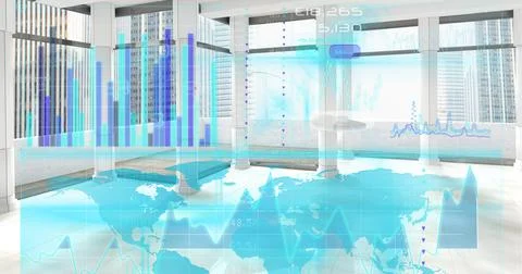 Digital interface with statistical data processing against empty office in 写真素材