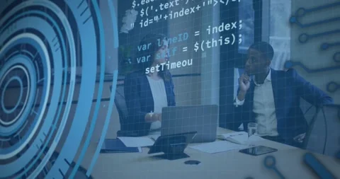 Digital interface sweeping in, woman outlining code for live software review, Stock Footage 318063196