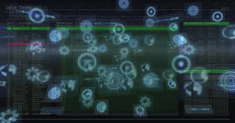 Digital interface with various holographic elements and data points floating Stock Photos