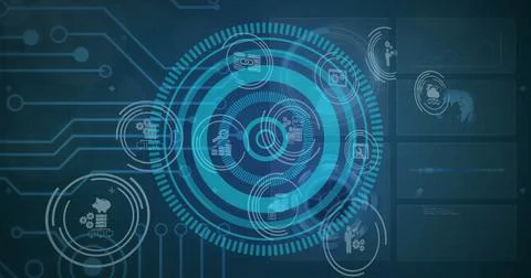Digital interface with various icons and graphs displayed on blue background Foto stock