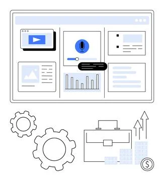 Digital interface with video player, microphone, charts, and text annotations Stock Illustration