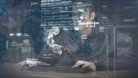 Digital interface with world map and data processing over caucasian male hacker Stock Footage 328096162