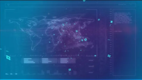 Digital interface with world map and data processing against blue background Stock Footage 329559601