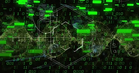 A digital interface with a world map is shown with data being processed in the Stock Footage 330254680