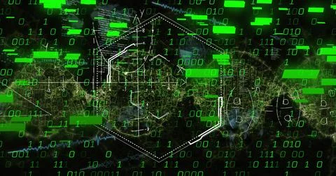 A digital interface with a world map is shown with data being processed in the 스톡 사진