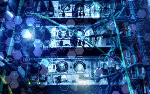 Digital internet connection technology concept. Icons on server rack room Stock Photos