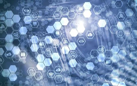 Digital internet connection technology concept. Icons on server rack room Stock Photos