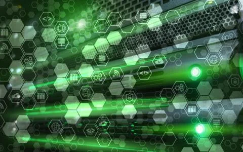 Digital internet connection technology concept. Icons on server rack room Stock Photos