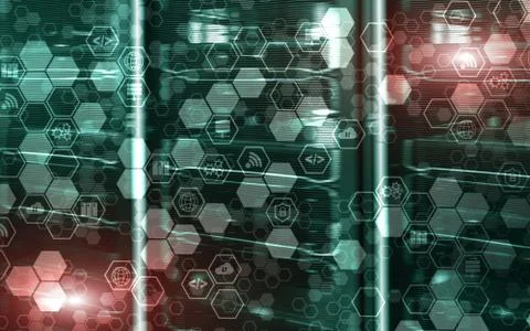 Digital internet connection technology concept. Icons on server rack room Stock Photos