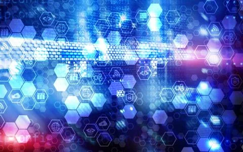 Digital internet connection technology concept. Icons on server rack room Foto stock