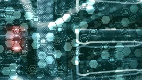 Digital internet connection technology concept. Icons on server rack room Stock Photos