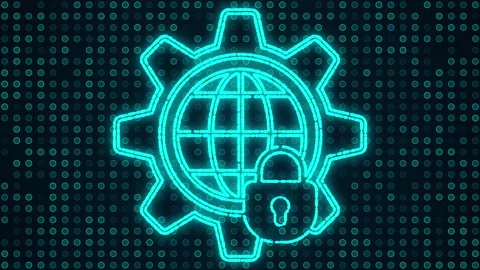 Digital internet icon made of moving blue particles on tech background Stock Footage 238566141