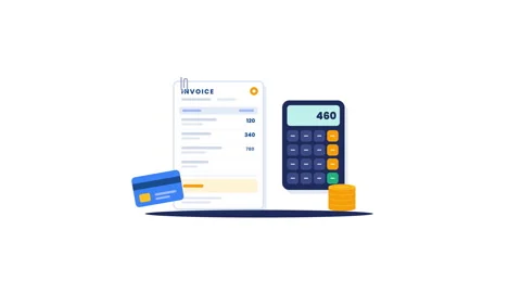 Digital invoice payment animation with calculator and credit card Stock Footage 347727712