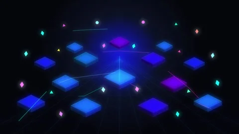 Digital isometric blockchain network animation with glowing neon blocks Stock Footage 346737537