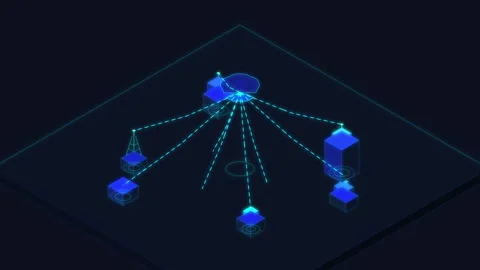 Digital isometric data network node animation with blue server cubes 库存影片 347200099