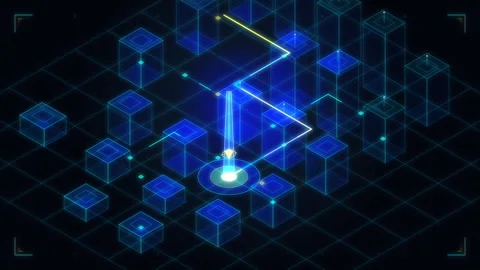 Digital isometric data stream, network node, glowing path, cyber security 库存影片 347562340
